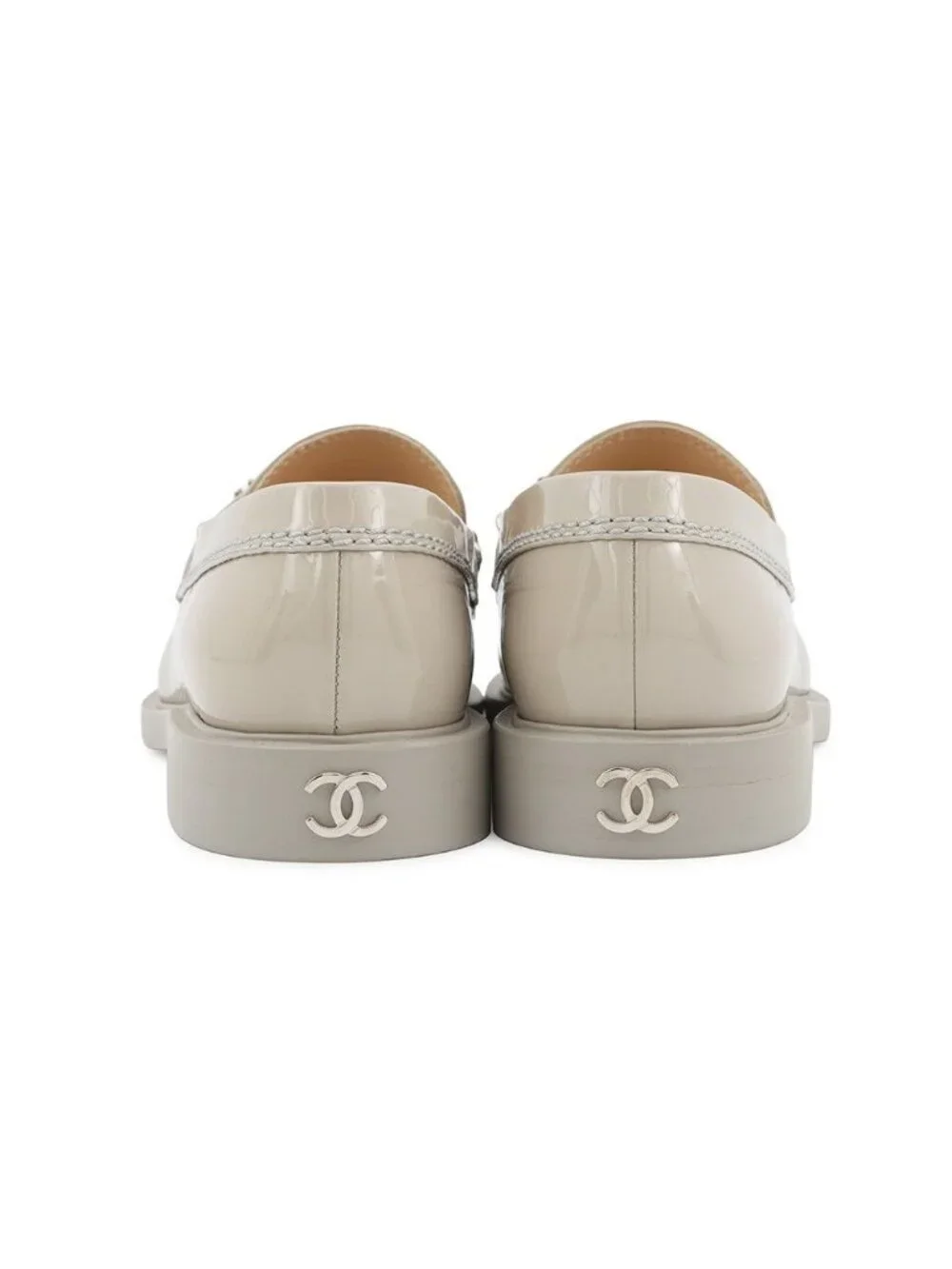 Chanel Loafers CC Logo Chain Patent Leather 37 Light Gray